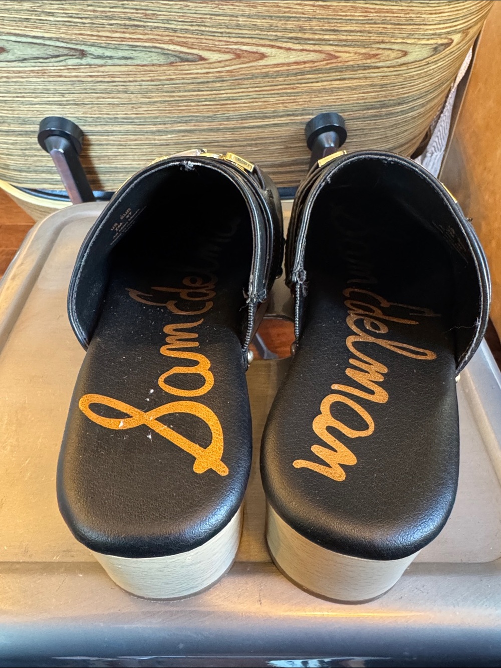 Sam Edelman Black Leather Slip-On Clogs with Gold Chain Accent - Picture 4 of 11